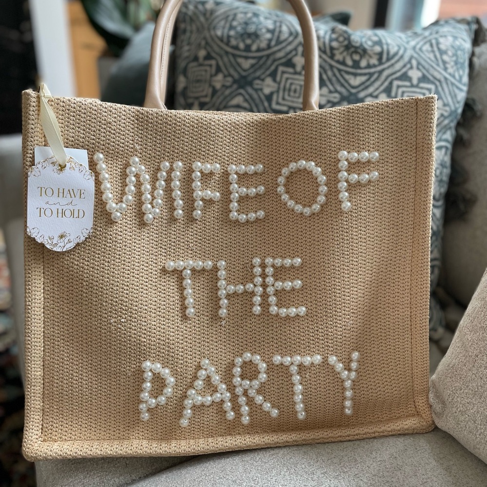 Straw Tote Bag with 'Wife of the Party' Pearl Detail - NWT